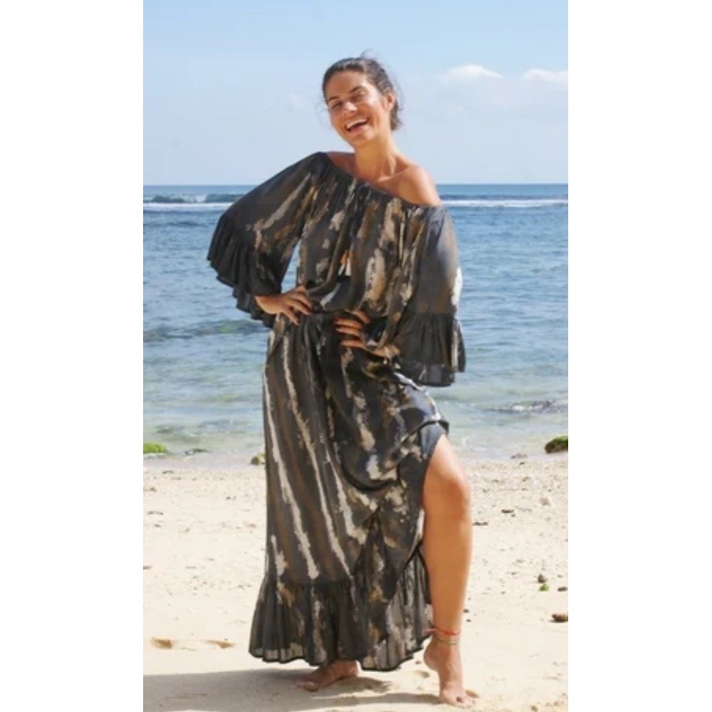 Tarifa‎ Soul Tie Dye Shibori Maxi Kaftan Dress Flowy Sleeves Swim Coverup OSFA